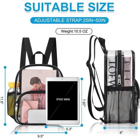 Clear Backpack for Stadium Events Clear Backpack 12x12x6 with Front Pocket for - Picture 2 of 7